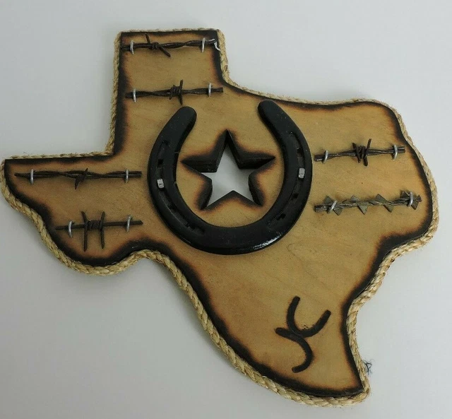 Texas Shaped Wood/Rope Wall Plaque Antique Barbed Wire Samples