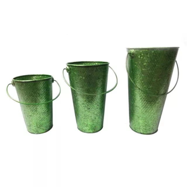 Pack of 3 Glossy Green Metal Buckets, Galvanised Planter