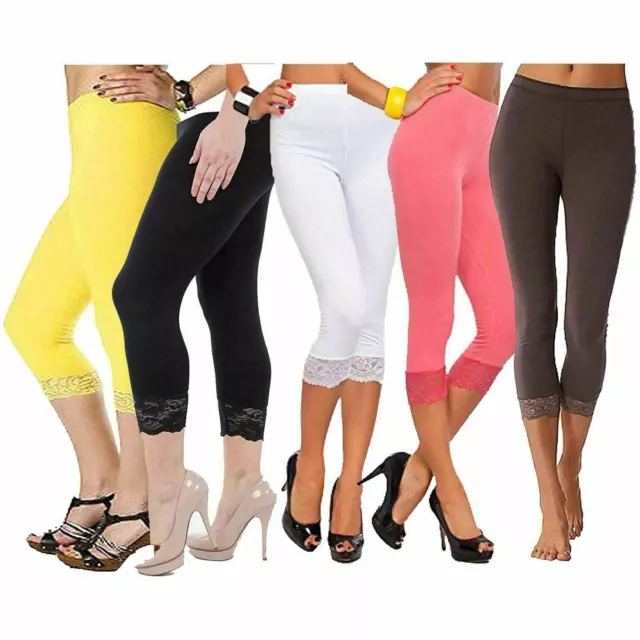 Womens Ladies Lace Trim Stretchy 3/4 Length Capri cropped Leggings Gym Pants