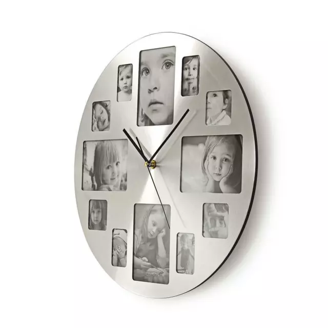 Modern 12 Photo Picture Frame Wall Clock Silver 40cm