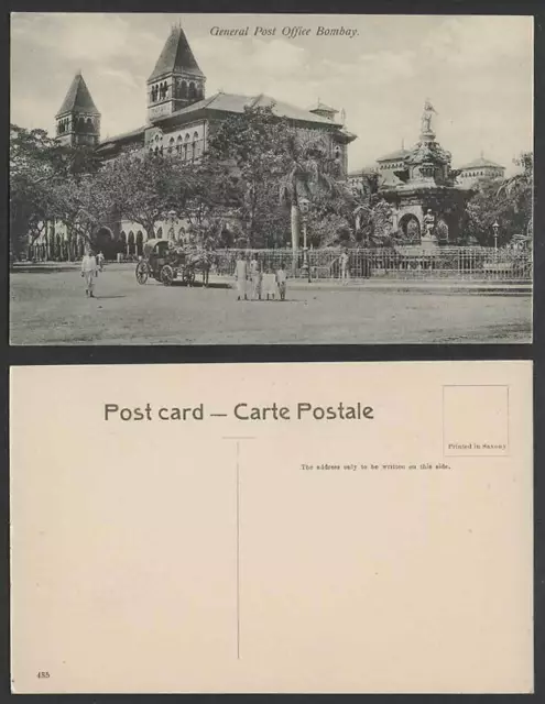 India Old Postcard General Post Office, Bombay, Street Scene Horse Cart Monument