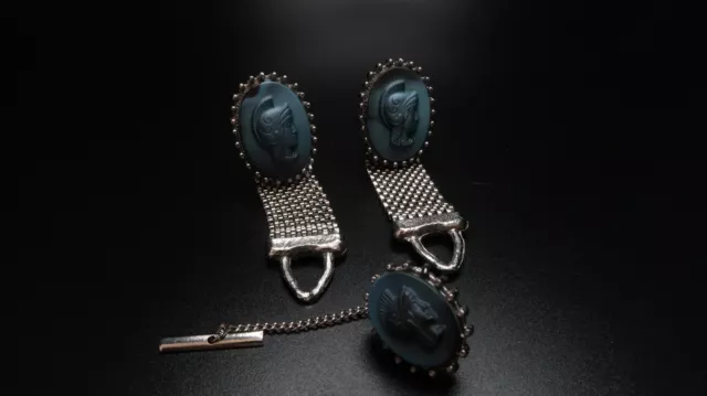 Vintage Silver Blue Iridescent Roman Soldier Cameo Cufflinks and Tie Tack