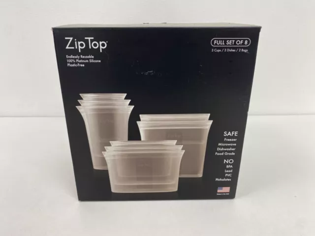 Zip Top 8- Pack Reusable 100% Platinum Silicone Food Containers Microwave Safe