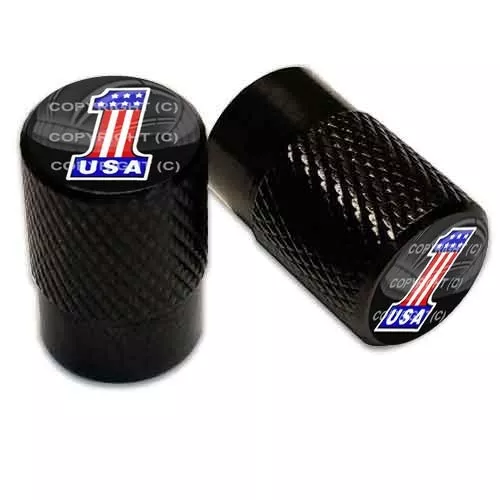 2 Black Billet Aluminum Knurled Tire Valve Caps - USA #1 Flag Blk