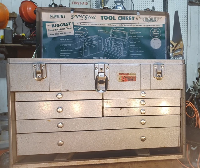 vintage union super steel machinist tool box with tools