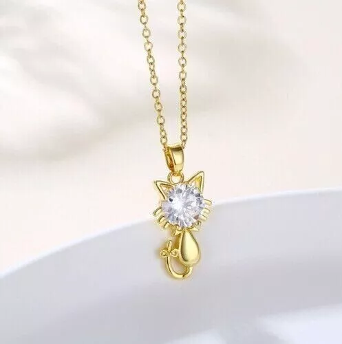 2 Ct Round Simulated Diamond Cute Cat Pendant 14K Yellow Gold Plated With Chain