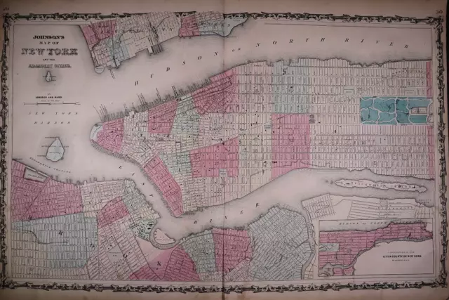 1863 Map ~ NEW YORK CITY & LOCAL CITIES Authentic Johnson Atlas Map (18x26)-#020