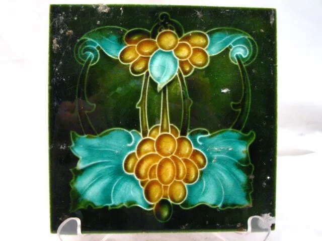 Early Majolica Glazed Ceramic Tile Art Nouveau Ornate Grapes Leaves Garden G