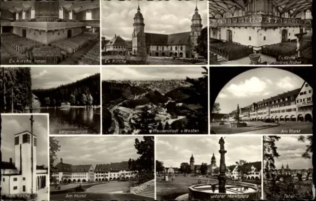 Freudenstadt im Schwarzwald Mehrbildkarte ~1950/60 Totale ev. Kirche Markt u.a.