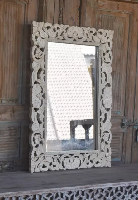 Mirror Frame Mango Wood White Finish Hand Carved Home Living  Beautiful Vintage