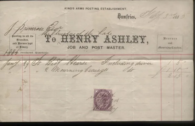 1885 Dumfries, Kings Arms Posting House & Horses, Henry Ashley, Funeral A/C