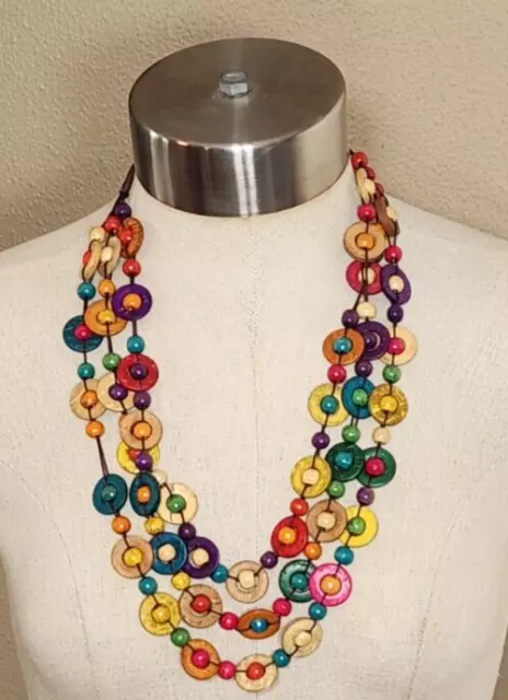 Necklace Multi-Layer With Vibrant Colorful Wooden Beads Boho Style Retro Jewelry