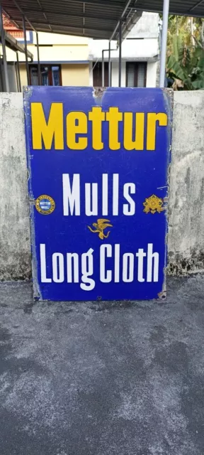 Mettur Mulls Advt Zinn-Emaille Porzellan Schildbrett langes Tuch Antik...