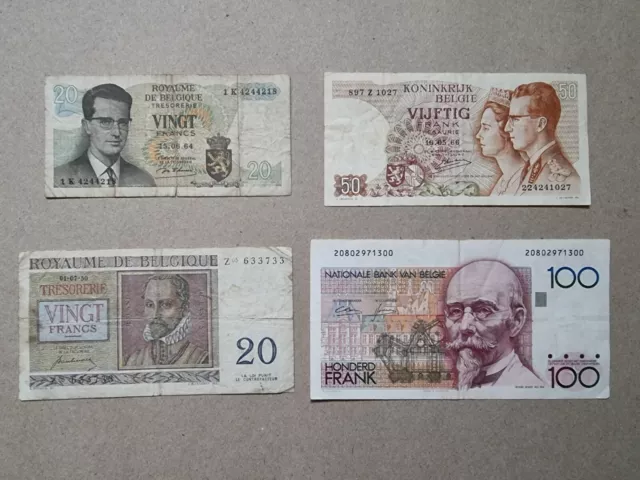 4x BELGIUM / BELGIQUE 20 - 100 Francs Banknotes 1950 - 1994 notes