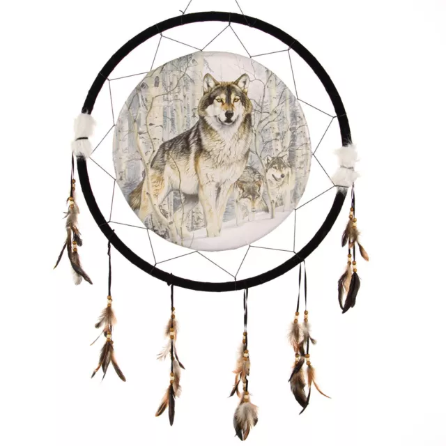 Giant 26" Wolf Pack Snow Winter Woods Forest Scene Dream Catcher Feathers 2684