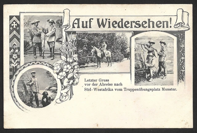 DSWA 4 bildrige ungelaufene Litho AK: Letzter Gruss vom Übungsplatz Munster