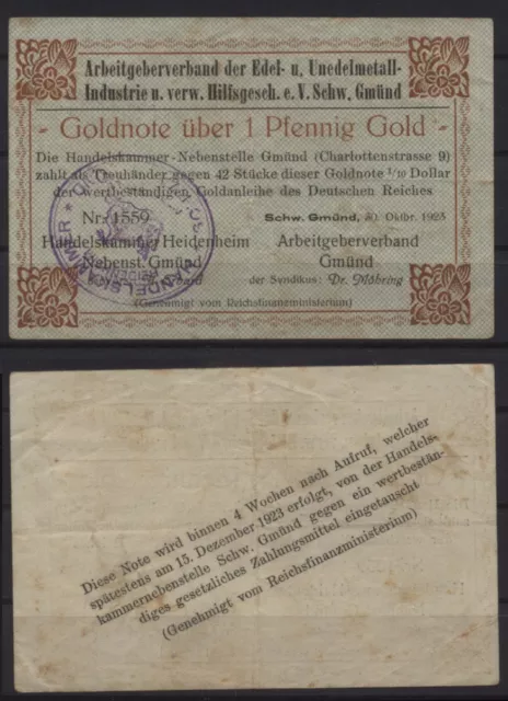 [27197] - GOLD-NOTGELD SCHWÄBISCH GMÜND, Arbeitgeberband Edelmetall etc., 1 Pfen