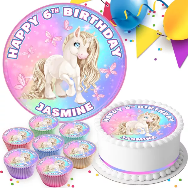 Cute Unicorn Birthday Personalised Edible Cake Topper & Cupcake Toppers Pk139