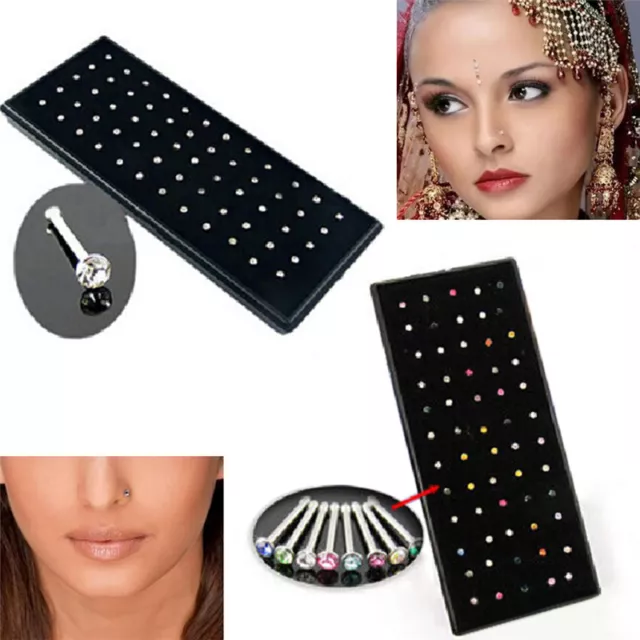 60x Crystal Rhinestone Stainless Steel Nose Ring Body Piercing Bone Stud Jewe_tu
