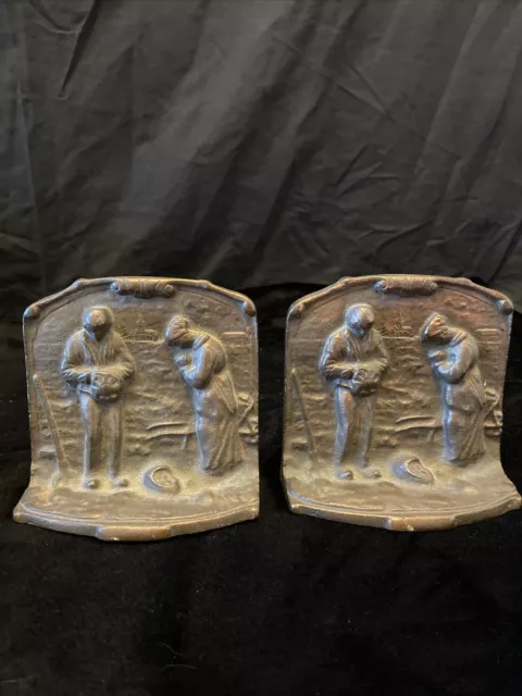 Pair Of Vintage Bookends Cast Metal Angelus Call To Prayer Farmers Arts & Crafts