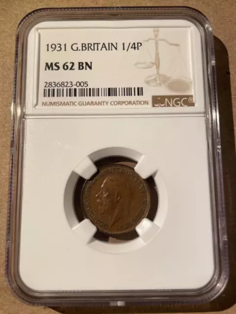 1931 Great Britain 1/4 Penny NGC MS 62 BN - Farthing - Only 10 in Higher Grades!