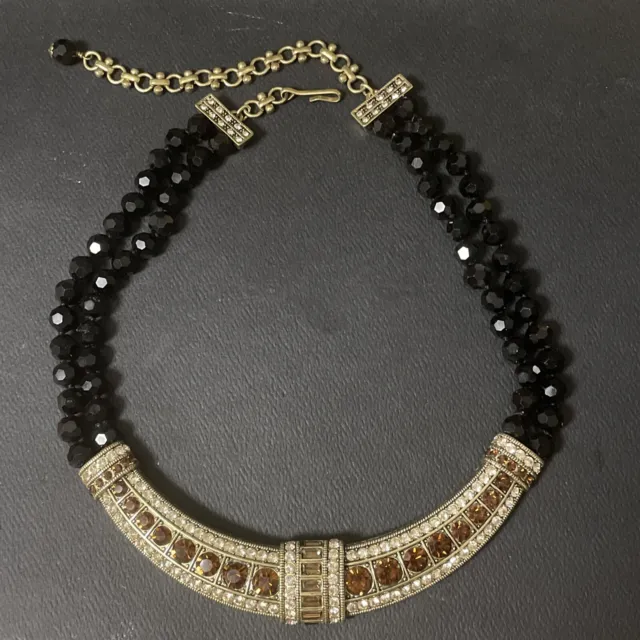 HEIDI DAUS Bronze Tone Amber Crystal   Necklace Black Beads