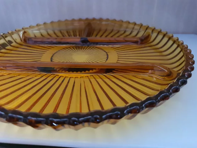 Vintage Amber Pressed Glass Serving Plate Divided 25.5cm Snack Jewellery Make-up