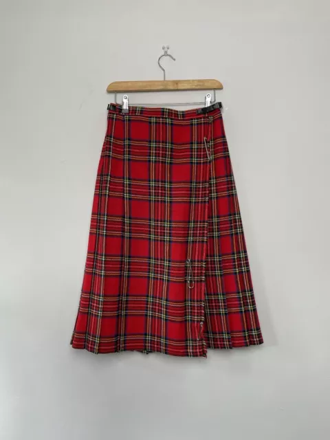 Vintage Red Tartan Kilt Midi Length Plain Pleated Skirt Size S Womens Wool Blend