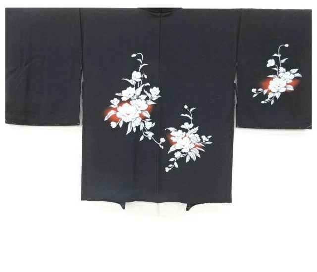 Japanese Kimono Antique Vintage Haori Black Flower Unused From Japan