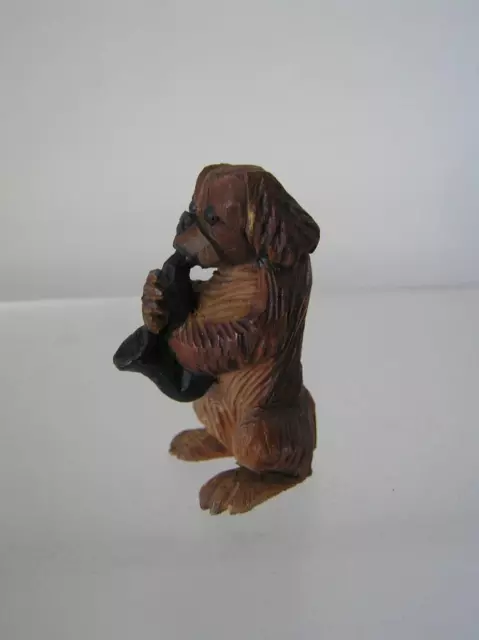 Antique German Black Forest Wood Carving of Pekinese playing Saxophone 2"