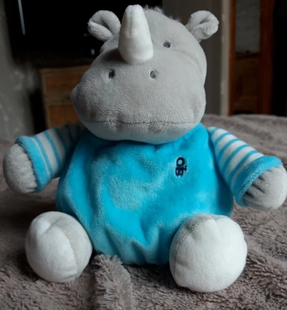 Doudou Boule Hochet Hippopotame Obaïbi Bleu Et Gris Rayures Blanches 2