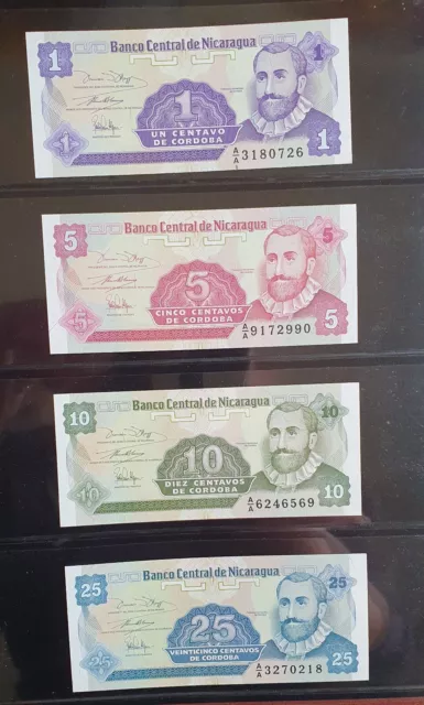 Nicaragua Set of 4 1-5-10-25 Banknotes.(UNC)