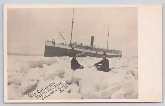 AMAZING! 1907 Steamer S.S. Columbia Stuck in Ice Columbia River Postcard RPPC