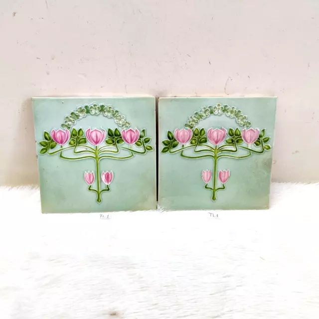 1930s Vintage Unused Floral Embossed Architecture Furniture Tile England Pair TL