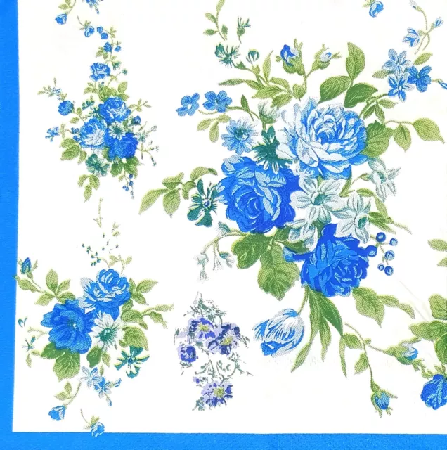 R048# 3 x Single Paper Napkins For Decoupage Blue Rose Flower Pattern On White