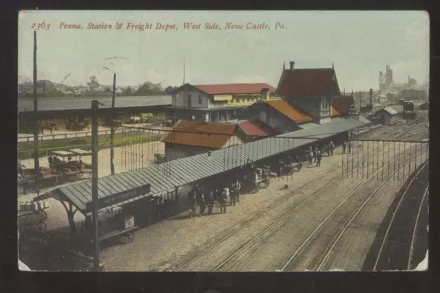 Postcard NEW CASTLE Penn/PA  Railroad Train Depot Station Aerial view 1907