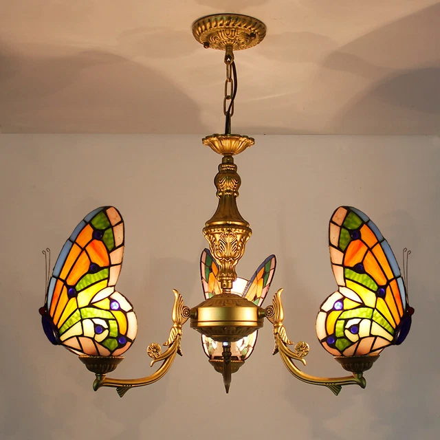 Luxury Chandelier Pendant Lamp Tiffany Style Stained Glass Shape Butterfly pearl