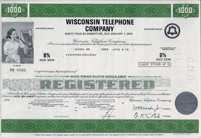 Wisconsin Telephone Company, 1977,  8% Debenture due 2014 (1.000 $)