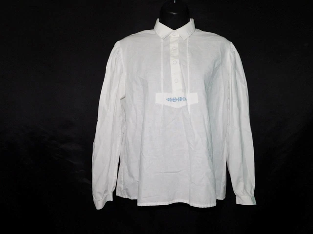 Trachten Wenger Size 40 M German Blouse White Blue Embroidered Shirt Long Sleeve