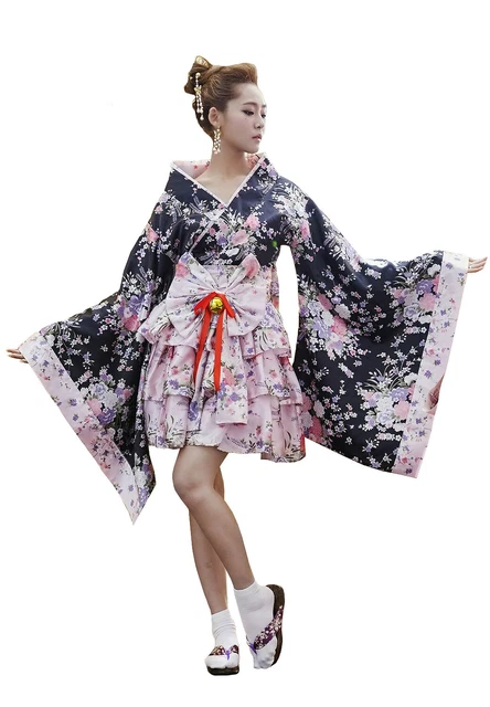 Set Kimono Donna IN Raso Rosa E Nero Motivi Floreale, Giapponese Traditionne