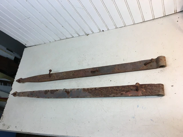 Antique Hand Forged Iron Barn Door Strap Hinges Pair  34” Long x 1.5 in