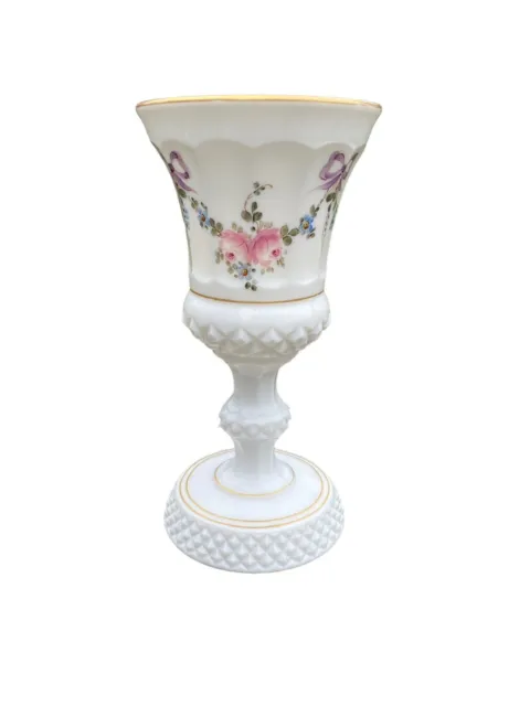 Vintage White Westmoreland Milk Glass hand painted Pedestal Urn Vase Gold Trim
