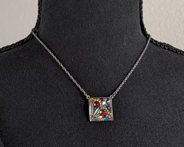 Firefly Crystal Mosaic Square Pendant Necklace - Silver with Multi-Colors