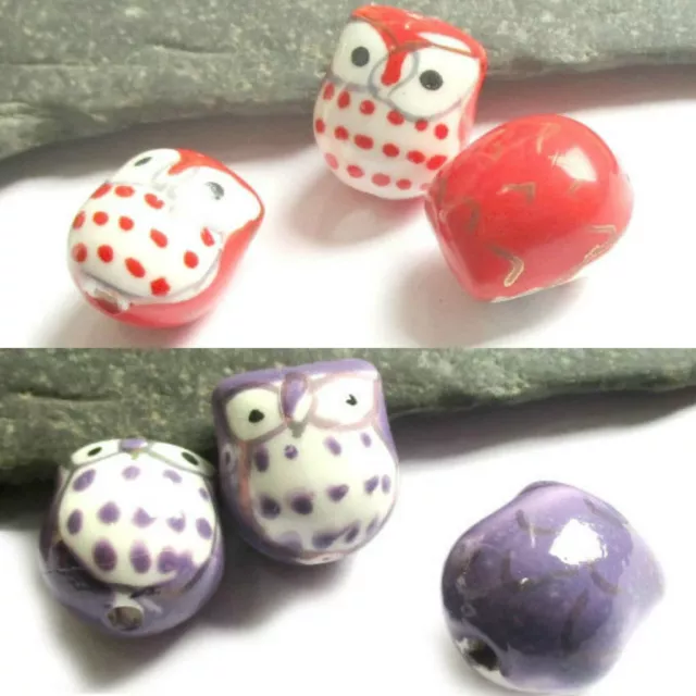 3 Porzellanperlen Eule rot lila 15x14x14 mm Schmuckdesign Schmuckherstellung