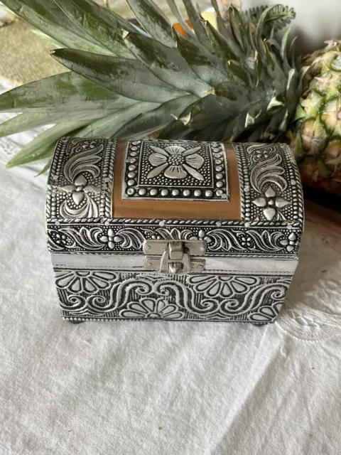 Vintage Folk Art Deco Hollywood Regency Embossed Treasure Chest Trinket Box MCM