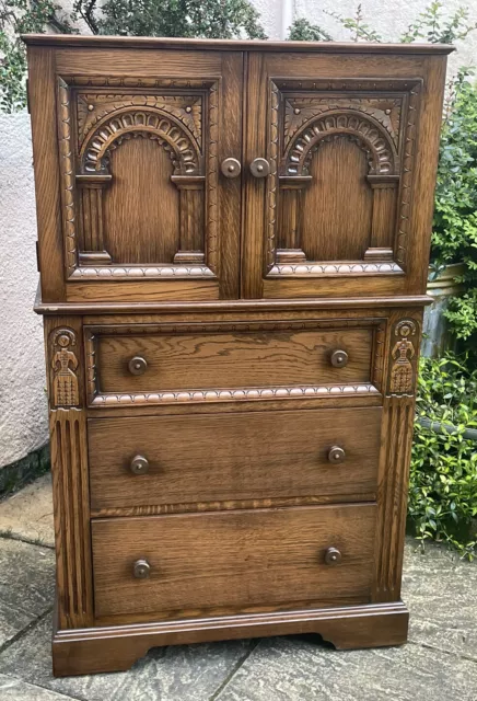 Superb   Carved Oak Arts And Craft  Tallboy Cabinet/Storage 2 Available