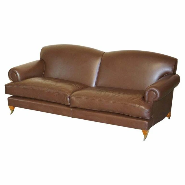 Lovely Large Solid Brown Contemporary Howard & Sons Style Sofa Brass Castors