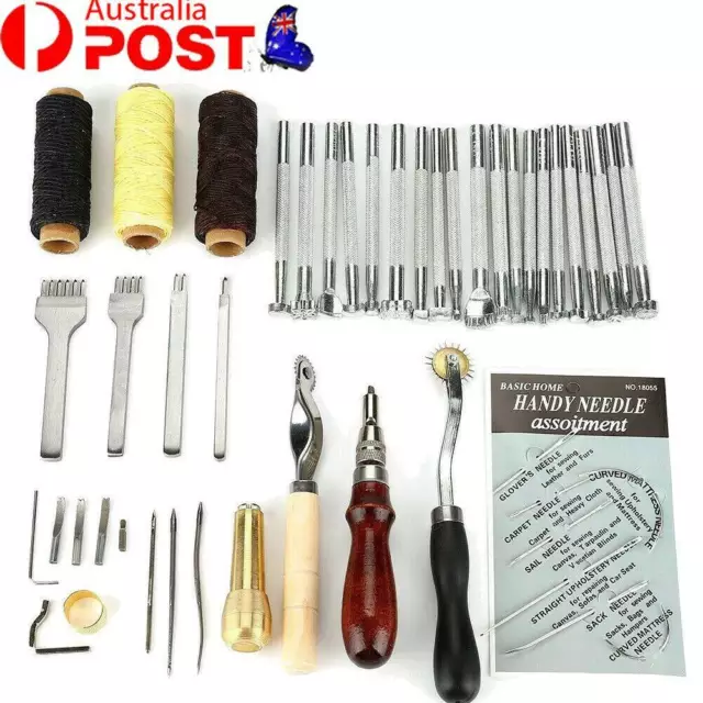 48pcs Leather Craft Hand Tools Kit Stitching Sewing Stamping Punch Carve Work AU