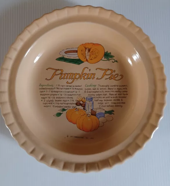 Vintage Pumpkin Pie Recipe Dish Ceramic  Baking Pie Plate Ltd Commodities 1990