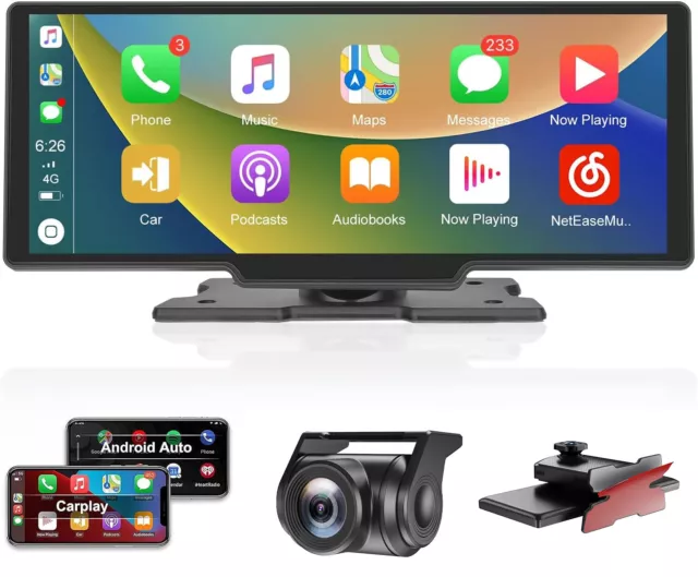 10.26'' Inch Touch  4K HD Car Wireless Apple CarPlay Dash Cam Dual Lens Radio